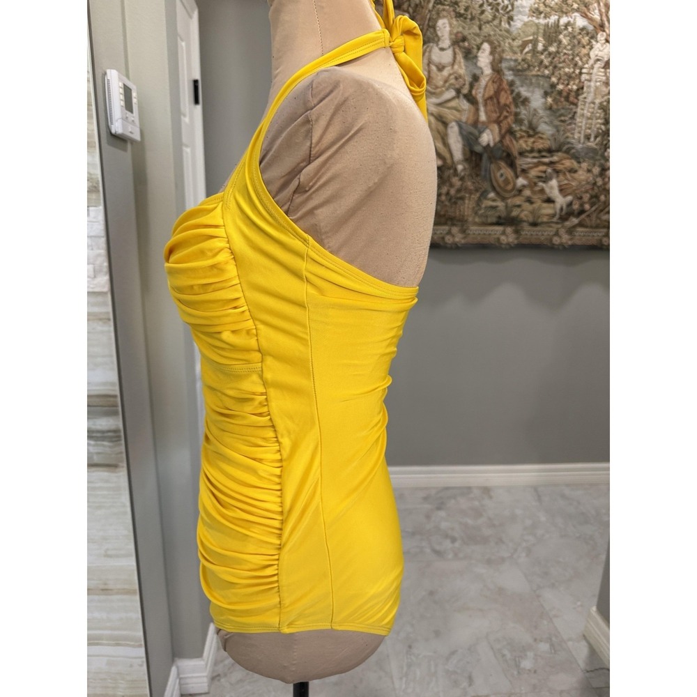 Swimsuit Womens Medium Yellow Halter Ruched One Piece Lined Bathing Suit - Picture 2 of 8